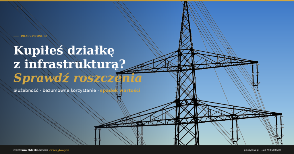 Działka z infrastrukturą przesyłową – słupy energetyczne z liniami wysokiego napięcia na tle nieba, roszczenia nowego właściciela